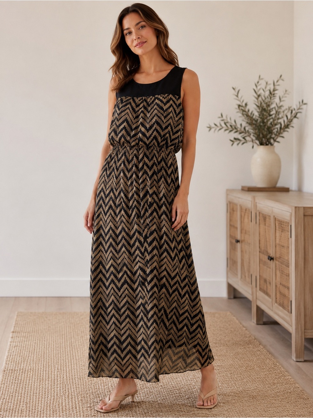 Black Tan Chevron Maxi Dress Geometric Boho Resort Sleeveless Flowy Size 14
